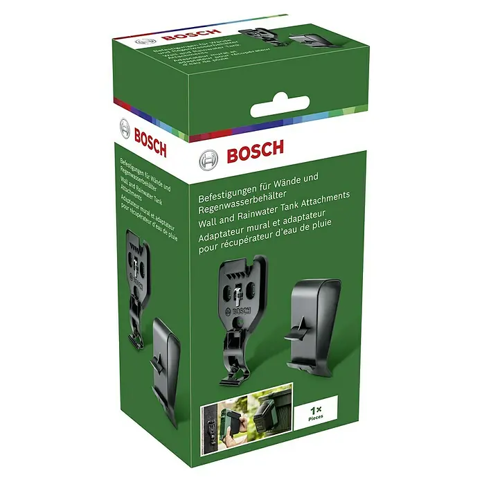 Bosch Power for All 18V Wandhalterung - Passend für: Bosch Akku-Regenwasserpumpe GardenPump 18 - Produktverpackung für Bosch Wand- und Regenwasserbehälterbefestigungen, enthält Halterungen zur einfachen Installation.