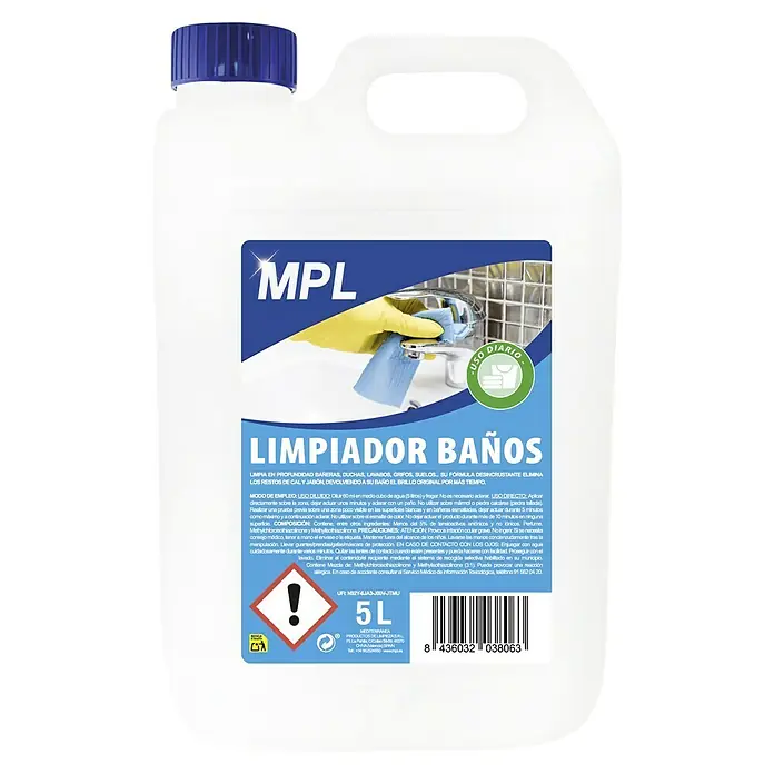 MPL Limpiador para baños - 5 l - Imagen de una botella de 5L de limpiador de baño MPL, un potente agente de limpieza para bañeras, duchas, lavabos y azulejos para un baño limpio.