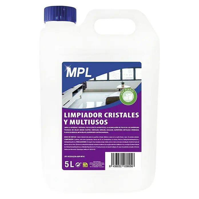 MPL Limpiador de cristales y multiusos - 5 l - Imagen del producto: Limpiacristales y multiusos MPL, 5L, ideal para una limpieza sin rastros en diversas superficies.