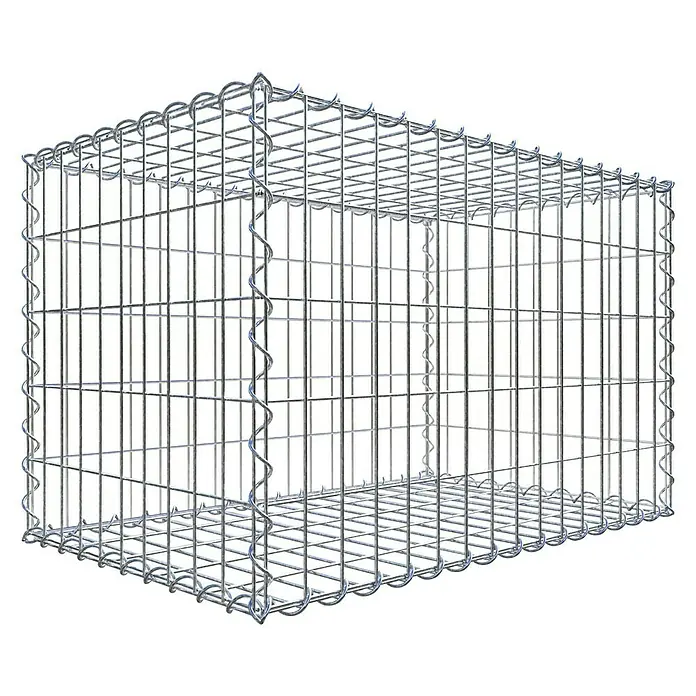 Gabiona Gabione - 80 x 50 x 50 cm, Metall, Maschenbreite: 50 mm, Maschenhöhe: 100 mm - Das Bild zeigt einen rechteckigen Gabionenkorb aus verzinktem Stahl. Der Drahtkorb ist leer und für die Befüllung mit Steinen vorbereitet.