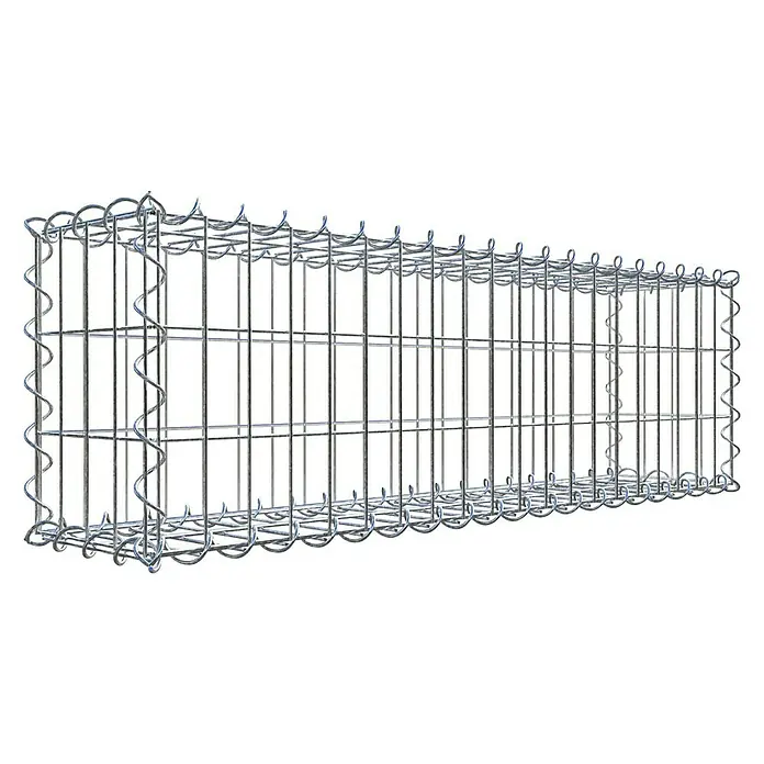 Gabiona Gabione - 100 x 20 x 30 cm, Metall, Maschenbreite: 50 mm, Maschenhöhe: 100 mm - Das Bild zeigt eine Gabione, einen Drahtkorb für Steine, mit einer stabilen Konstruktion und einer silbrigen Oberfläche auf schwarzem Hintergrund.