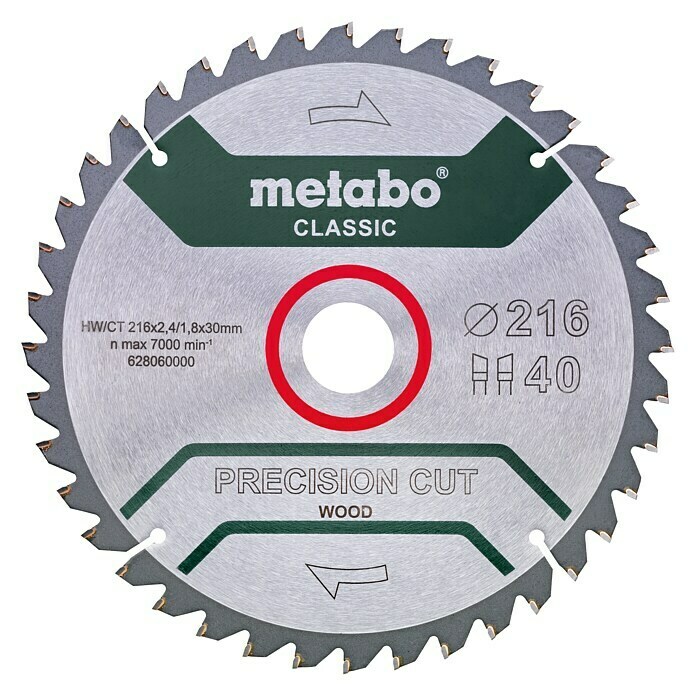 Metabo Classic Kreissägeblatt Z40216 mm, Bohrung: 30 mm, 40 Zähne Front View