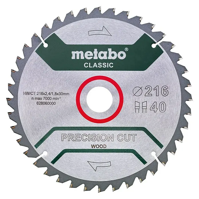 Metabo Classic Kreissägeblatt Z40 - 216 mm, Bohrung: 30 mm, Anzahl Zähne: 40 Stk. - Nahaufnahme eines Metabo Kreissägeblatts Classic, spezialisiert für präzise Holzschnitte, mit Spezifikationen und Details.