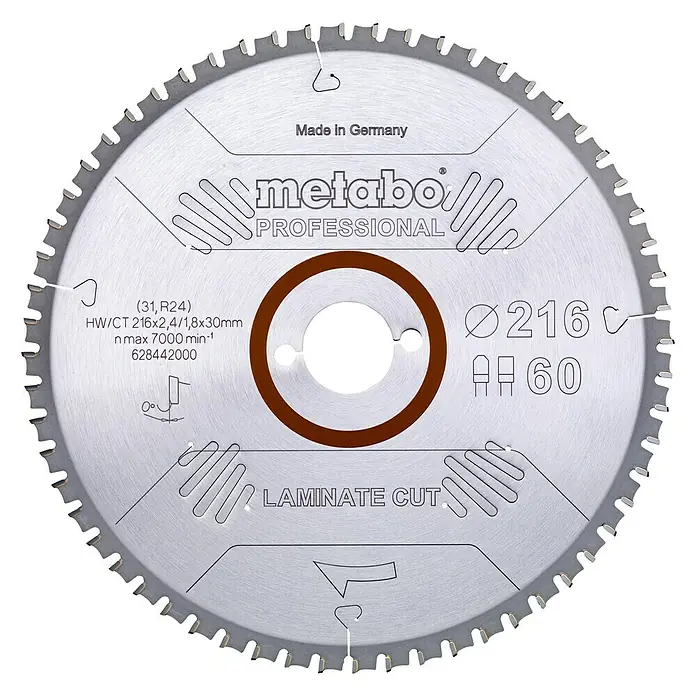 Metabo Kreissägeblatt Laminate Cut - 216 mm, Bohrung: 30 mm, Anzahl Zähne: 60 Stk. - Das Bild zeigt ein Metabo Kreissägeblatt mit 216 mm Durchmesser, geeignet für Laminatschnitte, hergestellt in Deutschland.