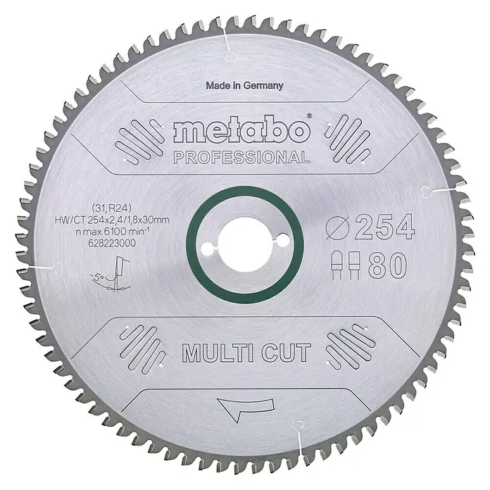 Metabo Kreissägeblatt - 254 mm, Bohrung: 30 mm, Anzahl Zähne: 80 Stk. - Metabo Kreissägeblatt Professional Multi Cut mit 254 mm Durchmesser und 80 Zähnen für präzise Schnitte in verschiedenen Materialien.