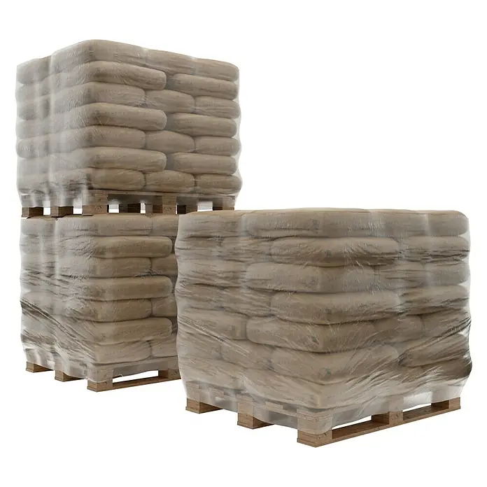 Probau Baufolie - 10 m x 3 m x 0,2 mm, Polyethylen, Transluzent - Paletten mit Säcken. Die Säcke sind auf Holzpaletten gestapelt und mit Folie umwickelt, um sie zu schützen.