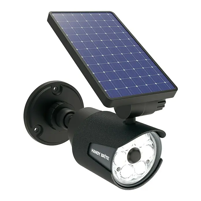 Foco solar Handy Brite - Sensor de luz - Imagen de una luz LED solar negra para exteriores Handy Brite. Cuenta con un panel solar para alimentación y está diseñada para uso en exteriores.