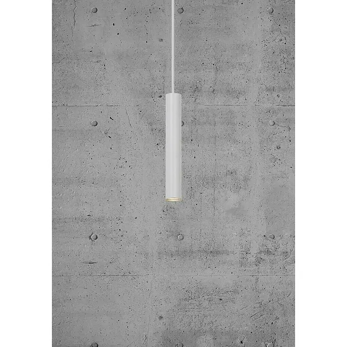 Nordlux Omari Lámpara colgante LED redonda - 3,3 W, Ø x Al: 3 x 20 cm, Blanco - Lámpara colgante LED blanca moderna sobre pared de hormigón. Diseño minimalista para interiores elegantes.
