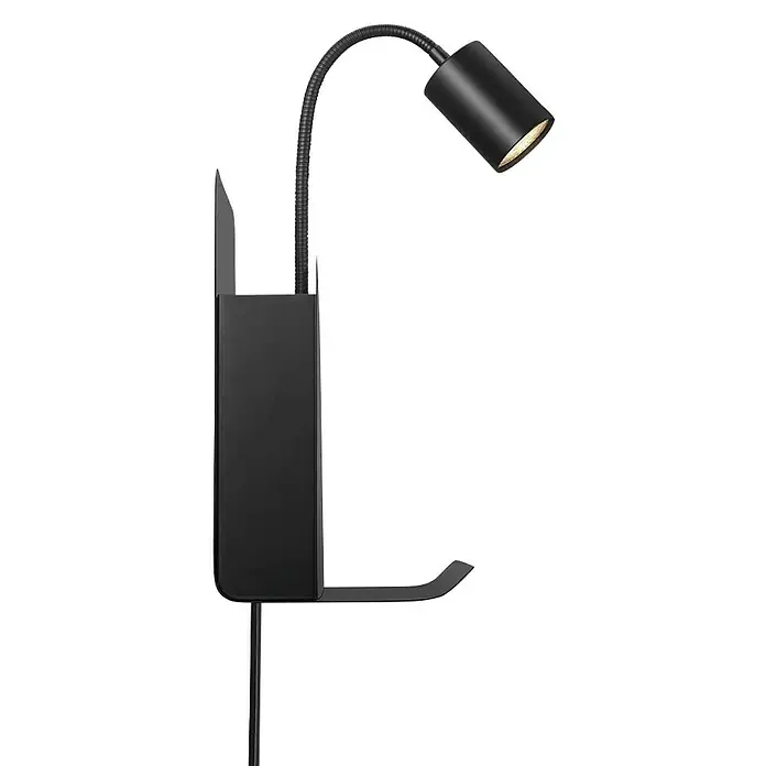 Nordlux Aplique de pared Roomi - 35 W, L x An x Al: 16,5 x 24,8 x 28,2 cm, Negro, GU10 - Esta lámpara de pared negra con cuello flexible y soporte para auriculares integrado proporciona iluminación y almacenamiento prácticos.