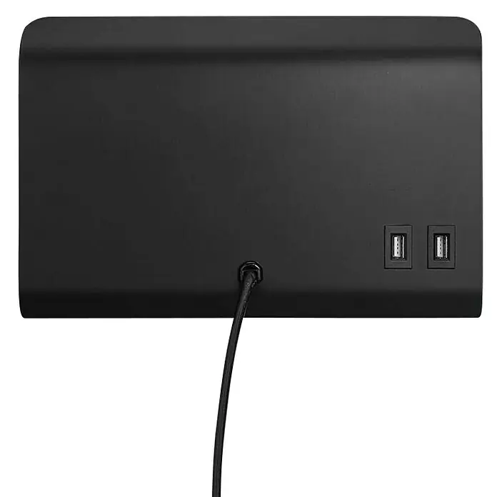 Nordlux Aplique de pared Roomi - 35 W, L x An x Al: 16,5 x 24,8 x 28,2 cm, Negro, GU10 - Vista posterior de una barra de sonido negra con dos puertos USB y un cable de alimentación, ideal para una experiencia de audio mejorada.