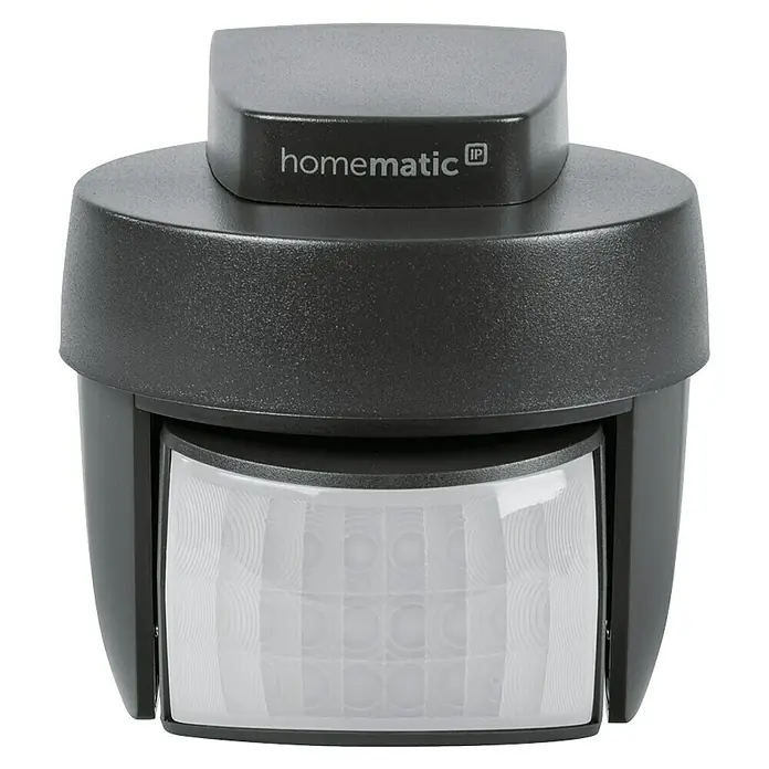 Homematic IP Bewegungsmelder HMIP-SMO-A-2 - Anthrazit, Erfassungsreichweite: 12 m, Erfassungswinkel: 90 ° - Nahaufnahme eines Homematic IP Bewegungsmelders für den Außenbereich mit schwarzem Gehäuse und transparentem Sensor.