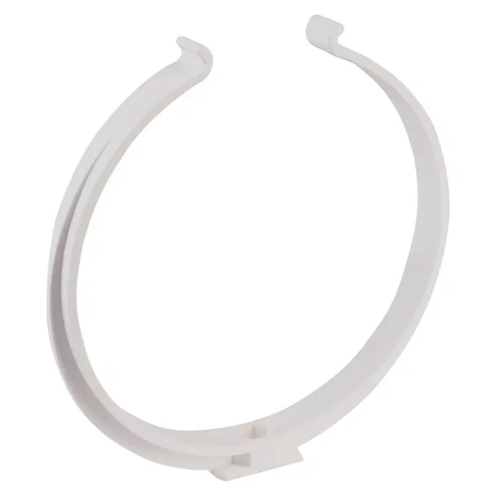 Air-Circle Rundrohr-Halter - Durchmesser: 150 mm - Nahaufnahme eines weißen Kunststoffrohrbügels, der zur Befestigung von Rohren oder Leitungen verwendet wird.