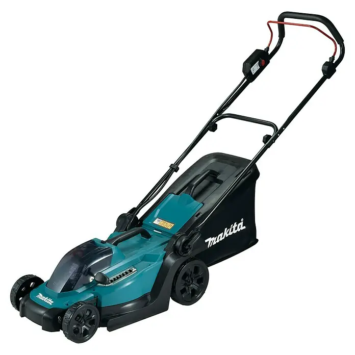 Makita LXT 18V Akku-Rasenmäher DLM330RM - 18 V, 1 Akku, 4 Ah, Schnittbreite: 33 cm - Hier ist ein Makita Akku-Rasenmäher mit Fangkorb, der für den mühelosen Einsatz im Garten konzipiert ist.