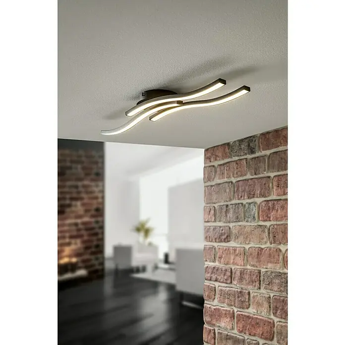 Tween Light LED-Deckenleuchte Onda - 18 W, L x B x H: 56,5 x 12 x 6,3 cm, Schwarz, Warmweiß - Moderne Deckenleuchte mit geschwungenen LED-Leuchtelementen in einem stilvollen Raum mit Backsteinmauer. Zeitgenössisches Design für Ihr Zuhause.