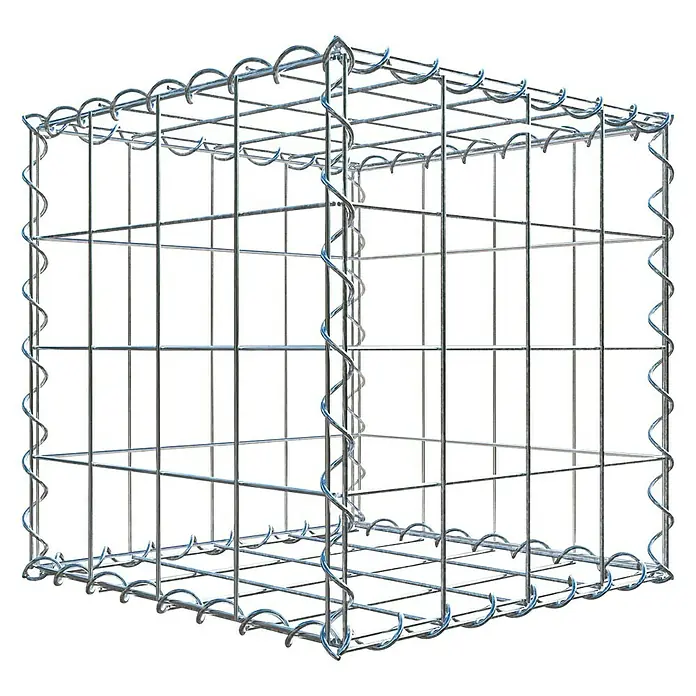 Gabiona Gabione - 40 x 40 x 40 cm, Metall, Maschenbreite: 100 mm, Maschenhöhe: 100 mm - Das Bild zeigt einen Gabionenwürfel aus silberfarbenem Drahtgitter. Die Struktur ist kubisch und weist eine regelmäßige Gittermusterung auf.