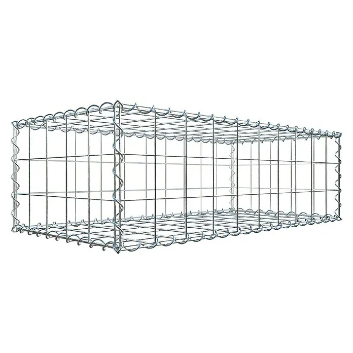Gabiona Gabione - 100 x 50 x 30 cm, Metall, Maschenbreite: 100 mm, Maschenhöhe: 100 mm - Das Bild zeigt einen länglichen Gabionenkorb aus Draht. Der Gabionenkorb ist leer und bereit zur Befüllung mit Steinen oder anderen Materialien.