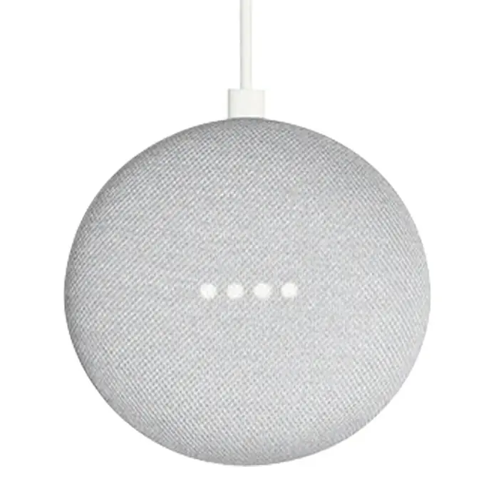 Google Nest Altavoz inteligente Home Mini - Funcionamiento en red, Blanco / Carbón - Un altavoz inteligente Google Nest Mini gris con cable blanco, sobre un fondo negro.