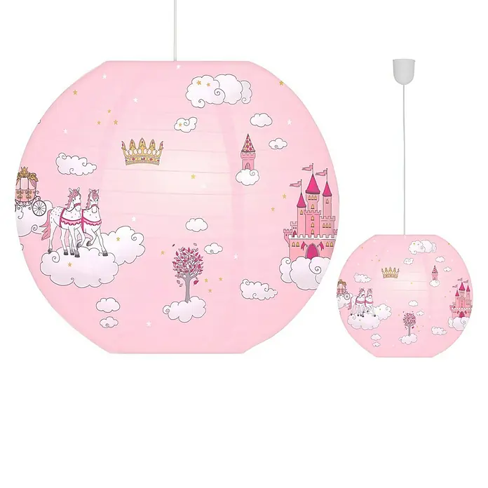 Lampenschirm - Rosa - Zwei hängende Lampen mit einem rosa Märchenmotiv, ideal für ein Kinderzimmer mit Schloss, Kutsche, Krone und Wolken.