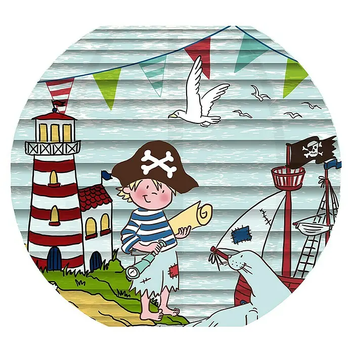 Lampenschirm - Blau - Niedliches Bild im Cartoon-Stil mit einem Piratenjungen, einem Leuchtturm und einem Schiff, ideal für Kinderzimmerdekoration.