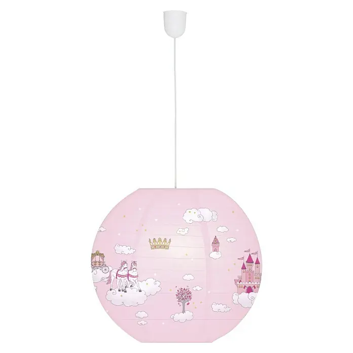 Lampenschirm - Rosa - Eine bezaubernde Kinderzimmer-Hängelampe mit rosa Prinzessinnen-Motiven, die für ein märchenhaftes Ambiente sorgt.