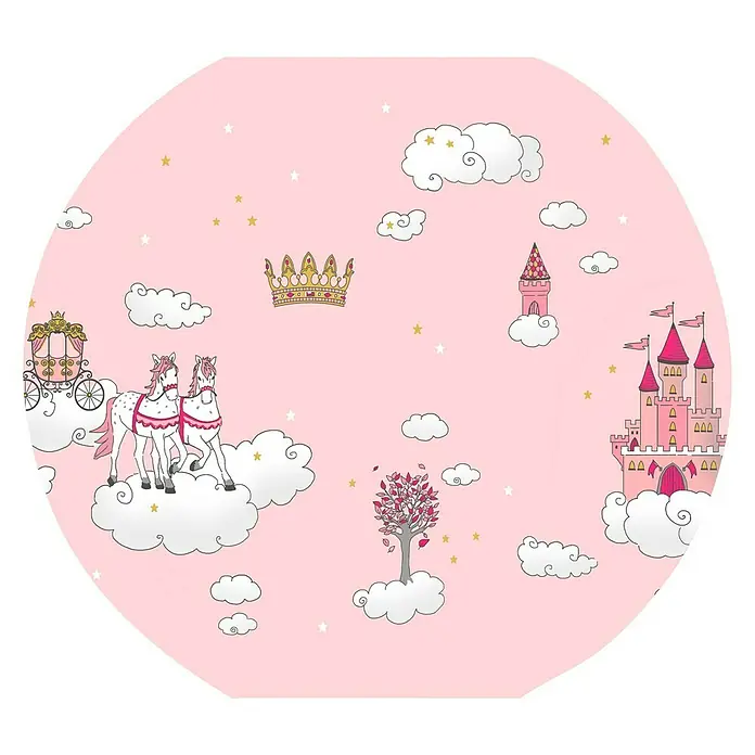 Lampenschirm - Rosa - Niedliches rundes Wandbild mit einem rosa Prinzessinnen-Thema, inklusive Kutsche, Schloss und Krone, ideal für ein Kinderzimmer.