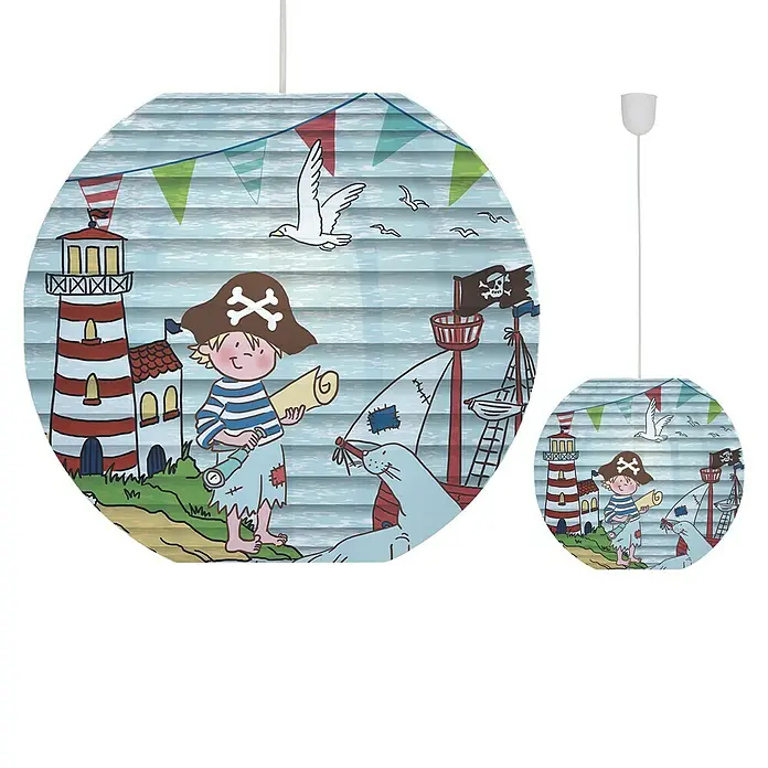 Lampenschirm - Blau - Zwei runde Kinderzimmerlampen mit einem Piratenmotiv, das eine verspielte und fantasievolle Atmosphäre schafft.