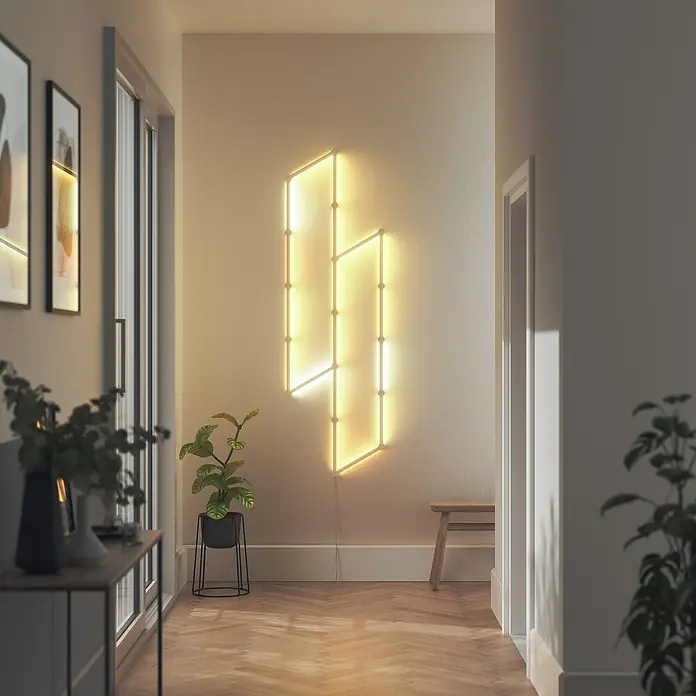 Nanoleaf Erweiterungskit Lines 60 Degrees 3 Lines - 3 Stk., Weiß, RGBW - Die modulare Nanoleaf Lines Leuchte in einem Flur mit Pflanzen und Kunstwerken. Ein modernes und dekoratives Beleuchtungselement.