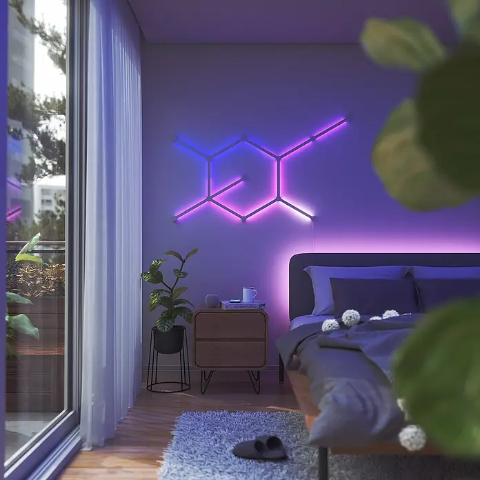 Nanoleaf Erweiterungskit Lines 60 Degrees 3 Lines - 3 Stk., Weiß, RGBW - Schlafzimmer mit leuchtenden Wandpaneelen. Die farbigen Nanoleaf Lines sorgen für stimmungsvolle Beleuchtung.