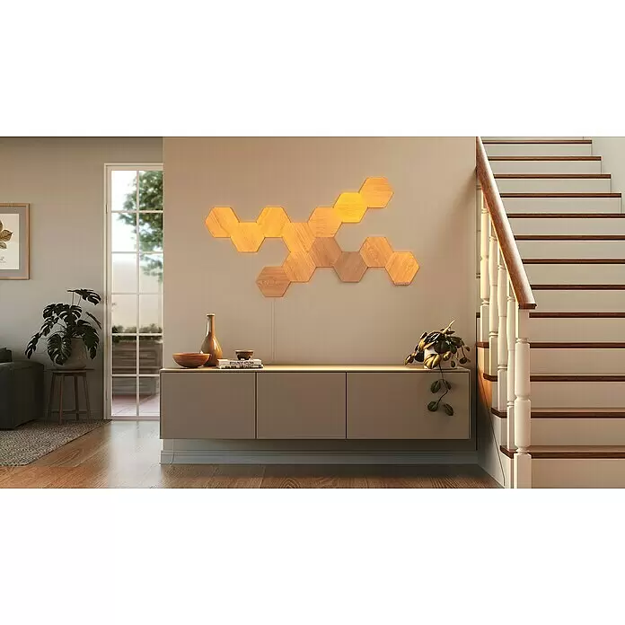 Nanoleaf Erweiterungskit Elements Hexagons 3 Panels - 42 W, Holzoptik, Mehrfarbig, Hexagons, Smart Home-fähig: Ja - Stimmungsaufnahme