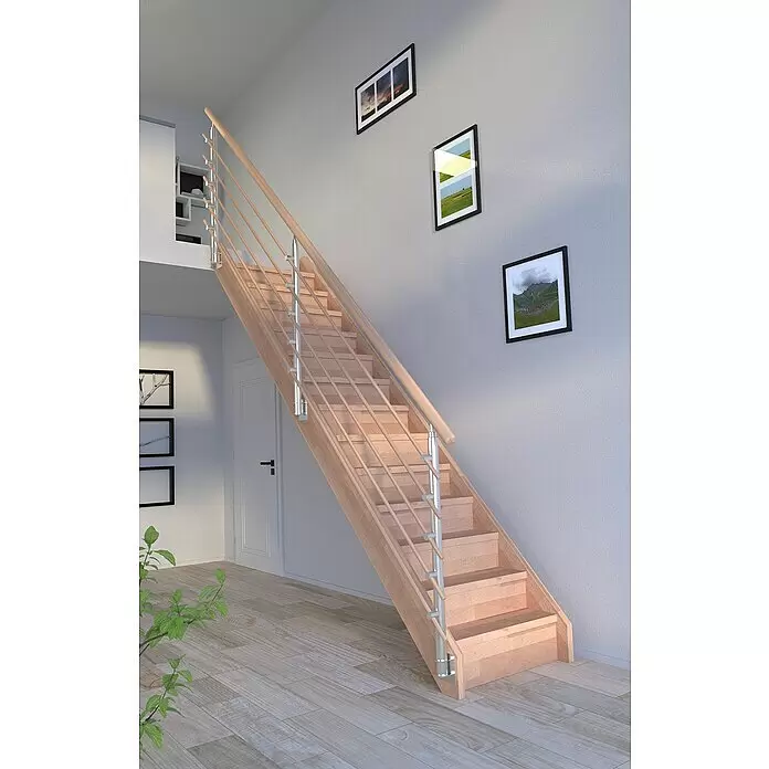 Starwood Raumspartreppe Mykonos - Breite: 85 cm, Buche, Geschosshöhe: 280 cm, Gerade, Montageseite Geländer: Wahlweise links/rechts, Designgeländer Holzrundstäbe, Mit Setzstufen - Moderne Innentreppe mit hellen Holzstufen und schlankem Metall-Holz-Geländer, verbindet zwei Ebenen eines Hauses.