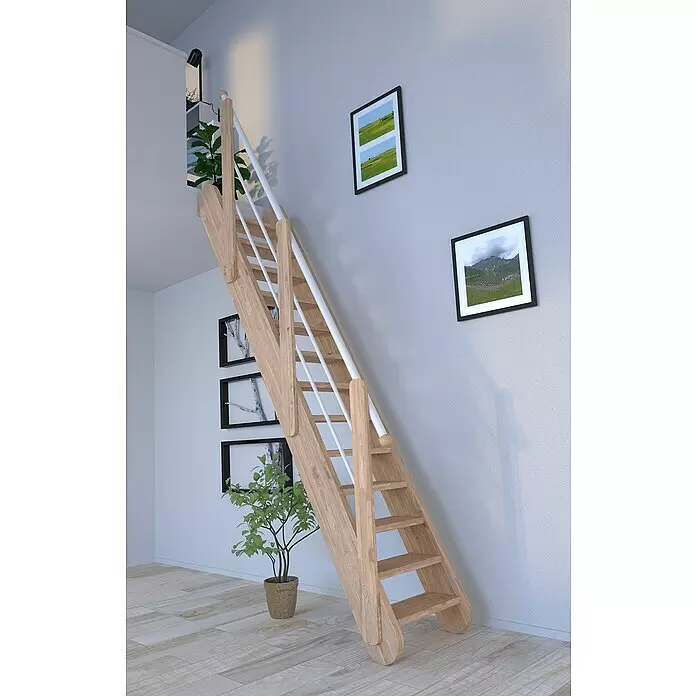 Starwood Raumspartreppe SamosBreite: 68 cm, Eiche, Geschosshöhe: 250 cm - 285 cm, Gerade, Montageseite Geländer: Wahlweise links/rechts, Geländer Holz/Edelstahl Weiß, Vollstufen