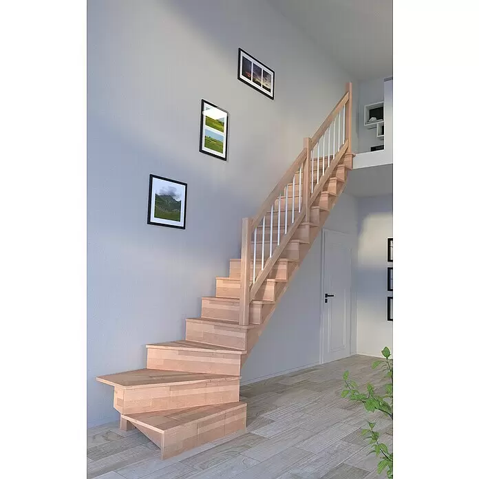 Starwood Raumspartreppe Lindos - Breite: 100 cm, Buche, Geschosshöhe: 300 cm, 1/4-gewendelt rechts, Montageseite Geländer: Wahlweise links/rechts, Geländer Holz/Edelstahl weiß, Mit Setzstufen - Helle Holztreppe mit weißen Geländerstäben und Podeststufen, in einem modernen Zuhause.