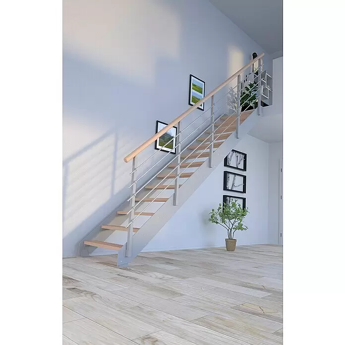 Starwood Wangentreppe Kos - Farbton Metall: RAL 9006, Breite: 87 cm, Buche, Geschosshöhe: 220 cm - 280 cm, Gerade, Metallgeländer pulverbeschichtet, Stufen unbehandelt - Stimmungsaufnahme
