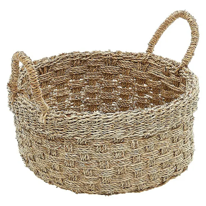 Korb Lagos - Ø x H: 38 x 20 cm, Natur - Ein handgefertigter Korb aus natürlichen Materialien mit zwei Henkeln, ideal für die Aufbewahrung verschiedener Gegenstände im Haus.