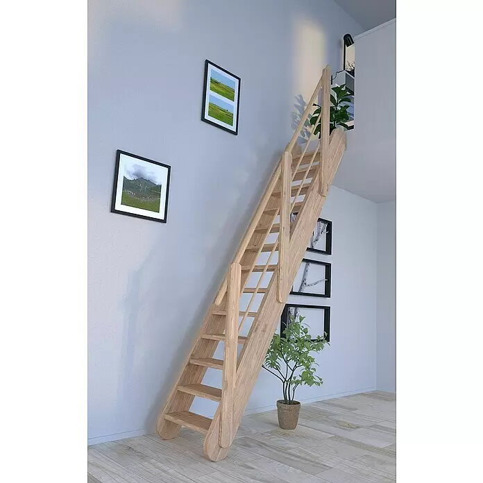 Starwood Raumspartreppe Samos - Breite: 68 cm, Eiche, Geschosshöhe: 250 cm - 285 cm, Gerade, Montageseite Geländer: Wahlweise links/rechts, Designgeländer Holz/Holz, Vollstufen - Platzsparende Treppe aus hellem Holz, die zwei Etagen verbindet.