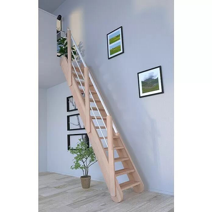 Starwood Raumspartreppe Samos - Breite: 68 cm, Buche, Geschosshöhe: 250 cm - 285 cm, Gerade, Montageseite Geländer: Wahlweise links/rechts, Geländer Holz/Edelstahl Weiß, Vollstufen - Hölzerne Bodentreppe mit weißen Geländern in einem hellen Raum mit Holzfußboden.