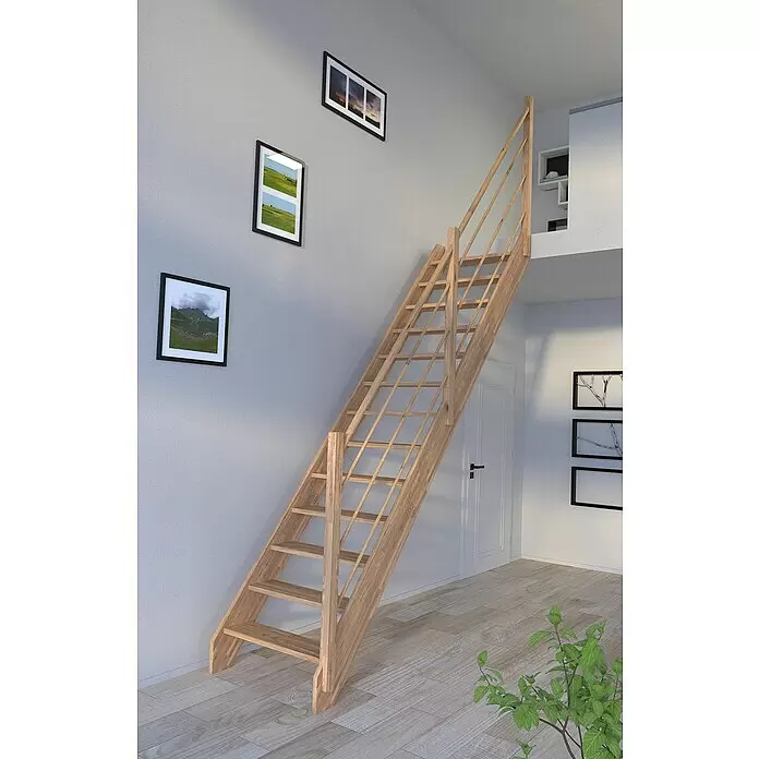 Starwood Raumspartreppe Rhodos - Breite: 80 cm, Eiche, Geschosshöhe: 300 cm, Gerade, Montageseite Geländer: Rechts, Designgeländer Holz/Holz, Ohne Setzstufen - Helle Holz-Dachbodentreppe mit Geländer, verbindet zwei Ebenen in einem modernen Interieur.