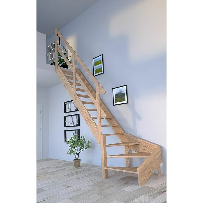 Starwood Raumspartreppe Rhodos - Breite: 79 cm, Eiche, Geschosshöhe: 300 cm, 1/4-gewendelt links, Montageseite Geländer: Wahlweise links/rechts, Geländer Holz, Ohne Setzstufen - Holztreppe im modernen Design.