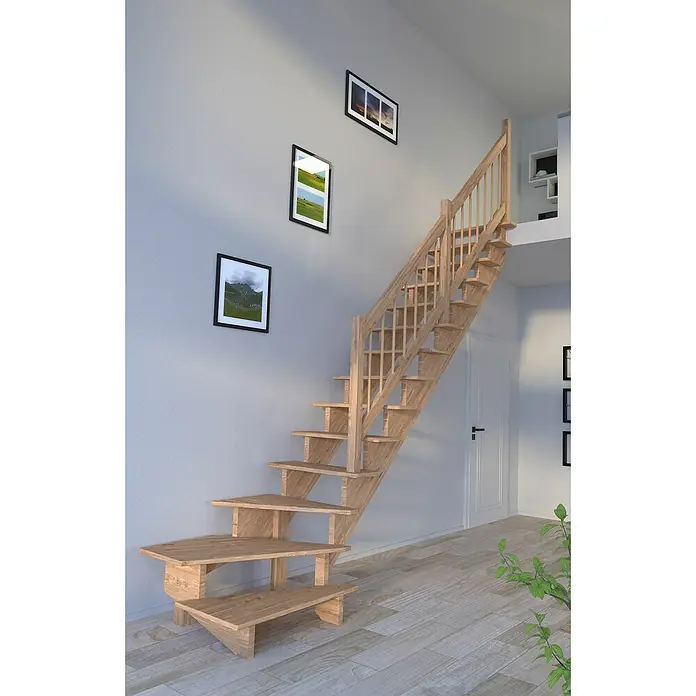 Starwood Raumspartreppe LindosBreite: 80 cm, Eiche, Geschosshöhe: 300 cm, 1/4-gewendelt rechts, Montageseite Geländer: Wahlweise links/rechts, Designgeländer Holz/Holz, Ohne Setzstufen - Elegante Holztreppe im Innenbereich mit Handlauf und stilvollen Wandbildern, die dem Raum Charakter verleihen.