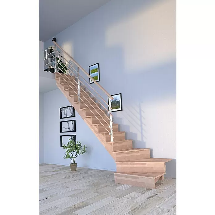 Starwood Raumspartreppe Lindos - Breite: 100 cm, Buche, Geschosshöhe: 300 cm, 1/4-gewendelt links, Montageseite Geländer: Wahlweise links/rechts, Designgeländer Holzrundstäbe, Mit Setzstufen - Moderne helle Holztreppe mit Metall- und Holzgeländer, in hellem Interieur mit Deko integriert.
