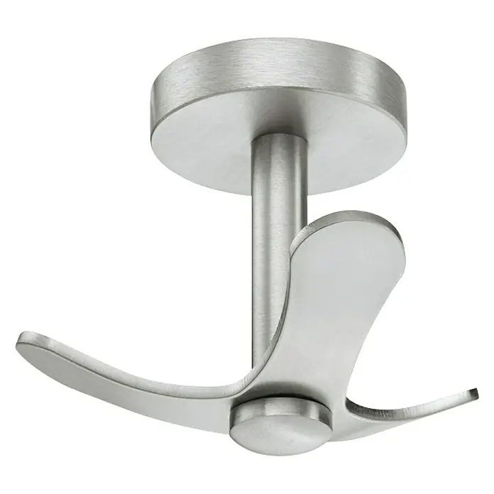 Häfele Garderobenhaken - L x B x H: 95 x 95 x 65 mm, Anzahl Haken: 3 Stk. - Nahaufnahme eines eleganten, silberfarbenen Deckenhaken-Designs mit einem schlanken, modernen Look, ideal für stilvolle Aufbewahrung.