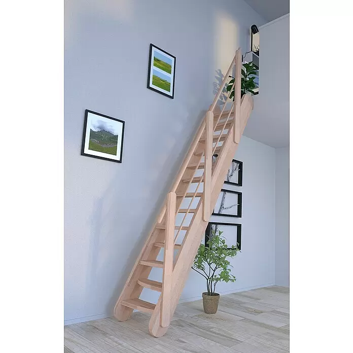 Starwood Raumspartreppe Samos - Breite: 62 cm, Buche, Geschosshöhe: 250 cm - 285 cm, Gerade, Montageseite Geländer: Wahlweise links/rechts, Designgeländer Holz/Holz, Stufen wechselseitig - Helle Holz-Raumspartreppe mit Geländer, die zu einer oberen Ebene in einem hellen Raum führt.