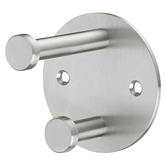Häfele Garderobenhaken - L x B x H: 84 x 80 x 12 mm, Anzahl Haken: 2 Stk., Matt gebürstet, Mit 2 Bohrlöchern - Ein silberner, runder Garderobenhaken mit zwei Haken aus Metall. Ideal für Bad oder Flur zur Aufbewahrung von Handtüchern und Jacken.