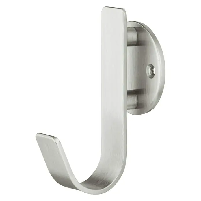 Häfele Garderobenhaken - L x B x H: 60 x 20 x 92 mm, Silber - Nahaufnahme eines einzelnen, an der Wand montierten, gebürsteten Nickel-Kleiderhakens.