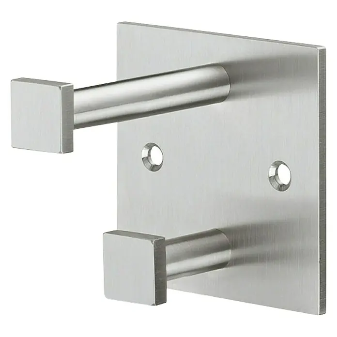 Häfele Garderobenhaken - L x B x H: 84 x 80 x 80 mm, Anzahl Haken: 2 Stk. - Doppelter, moderner Handtuchhaken aus gebürstetem Edelstahl zur Wandmontage mit quadratischen Abschlüssen für stilvolle Badezimmer.