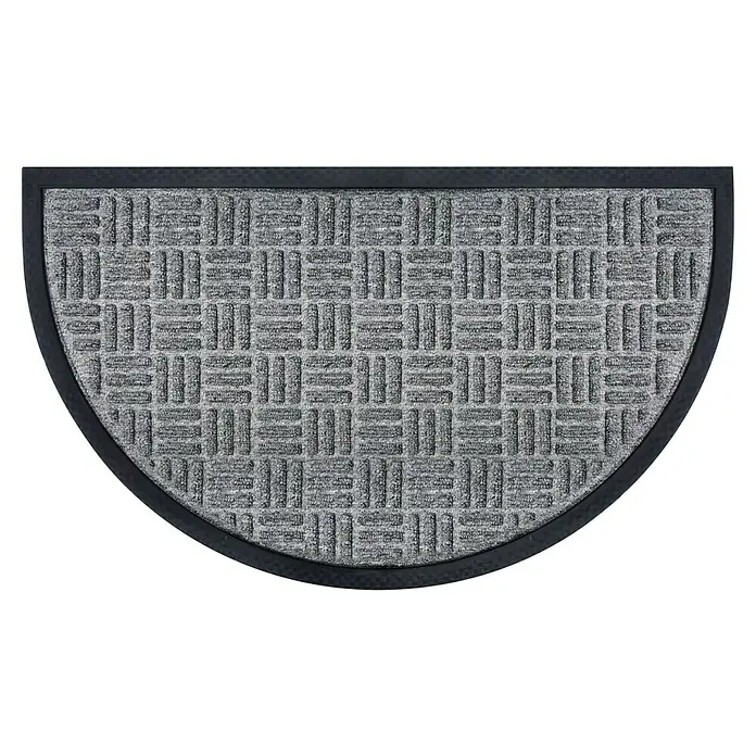 Schmutzfangmatte Country - Grau, 75 x 45 cm, 100 % Polypropylen - Halbkreisförmige Fußmatte mit einem strukturierten, grauen Design und einem umlaufenden, schwarzen Rand für den Innenbereich.