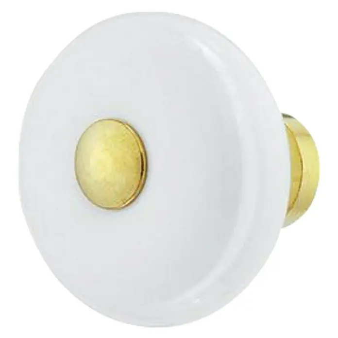 Häfele Pomo para muebles Blanco/Latón - Tipo de tirador del mueble: Botón, Ø x Al: 25 x 22 mm - Vista detallada de un tirador de mueble redondo de cerámica blanca con detalles dorados. El tirador tiene un diseño clásico y elegante.