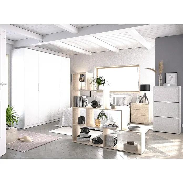 Dekit Armario para ropa Essen - L x An x Al: 52 x 180 x 204 cm, Blanco - Dormitorio luminoso con un armario blanco, estanterías y una cama, todo en un estilo moderno y minimalista.