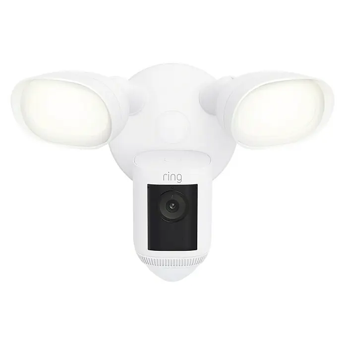 Ring Überwachungskamera Flutlichtkamera Pro Kabel - Weiß, Erfassungswinkel: 140 ° - Produktbild der Ring Floodlight Cam, einer Sicherheitskamera mit Flutlicht für den Außenbereich in Weiß.