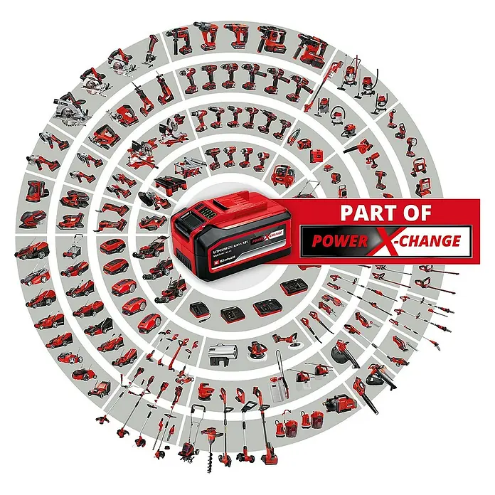 Einhell Akku-Bohrschrauber TE-CD 12/1 Li (1x2,0Ah) - 12 V, 1 Akku, 2 Ah - Einhell Power X-Change Akku umgeben von verschiedenen Werkzeugen, die mit dem gleichen Akku betrieben werden können.